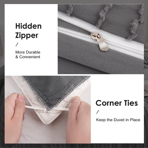 Boho Duvet Cover Striped Textured Duvet Cover Set Tufted Bedding Set  Gray - Picture 5 of 9